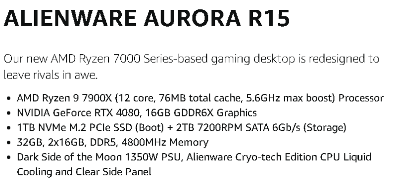 Alienware Aurora R15 Specs